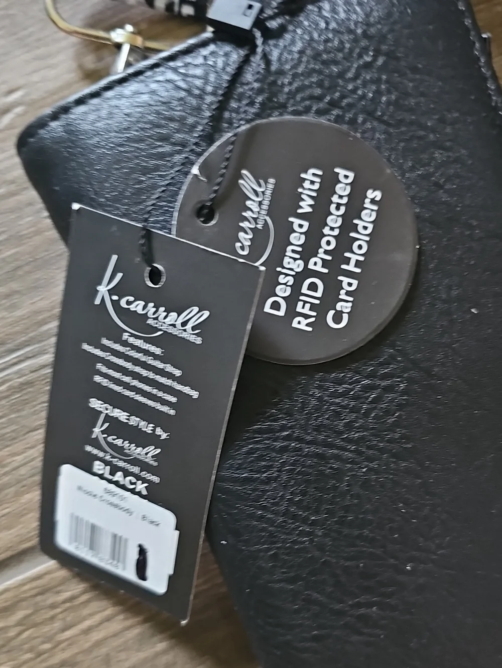 Black Crossbody Phone Wallet with Patterned Strap